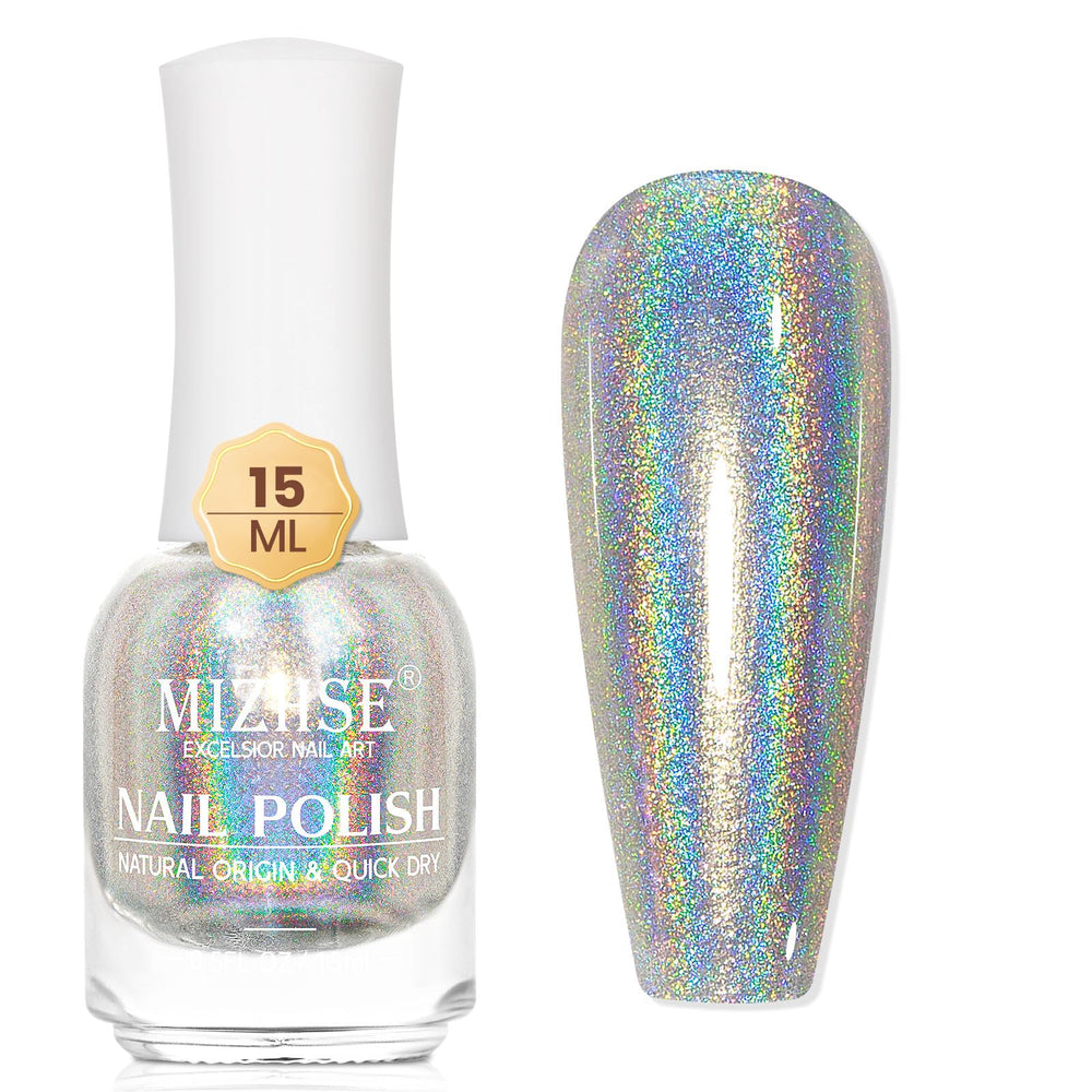MIZHSE bottle front label showing brand and holographic polish benefit