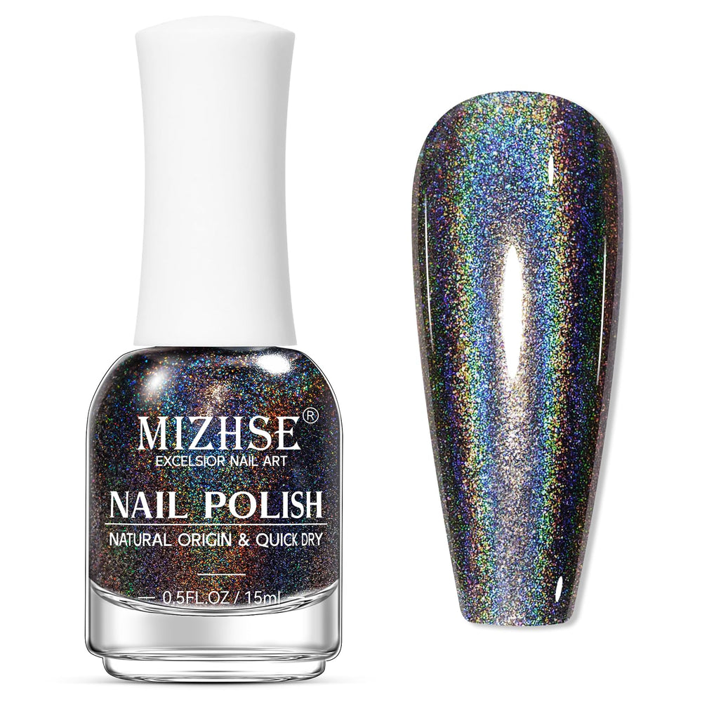 MIZHSE bottle front view showing holographic polish and label providing clear product identity