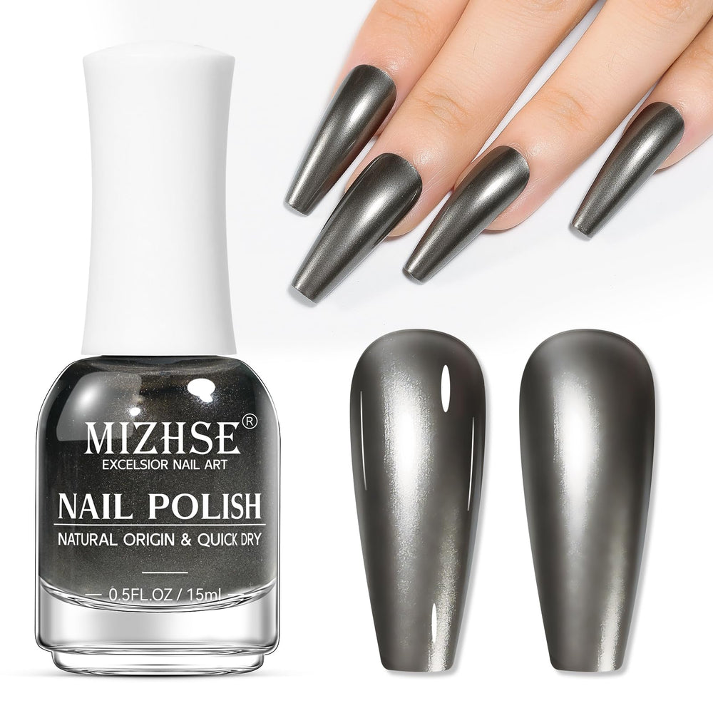 MIZHSE front bottle showcasing dark grey mirror polish and modern packaging benefit