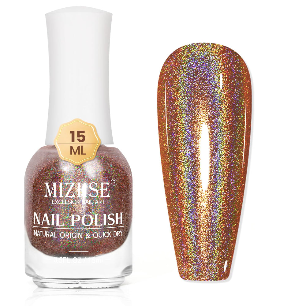 MIZHSE front bottle showing brown holographic polish and glossy finish benefit