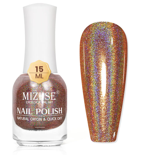 MIZHSE front bottle showing brown holographic polish and glossy finish benefit