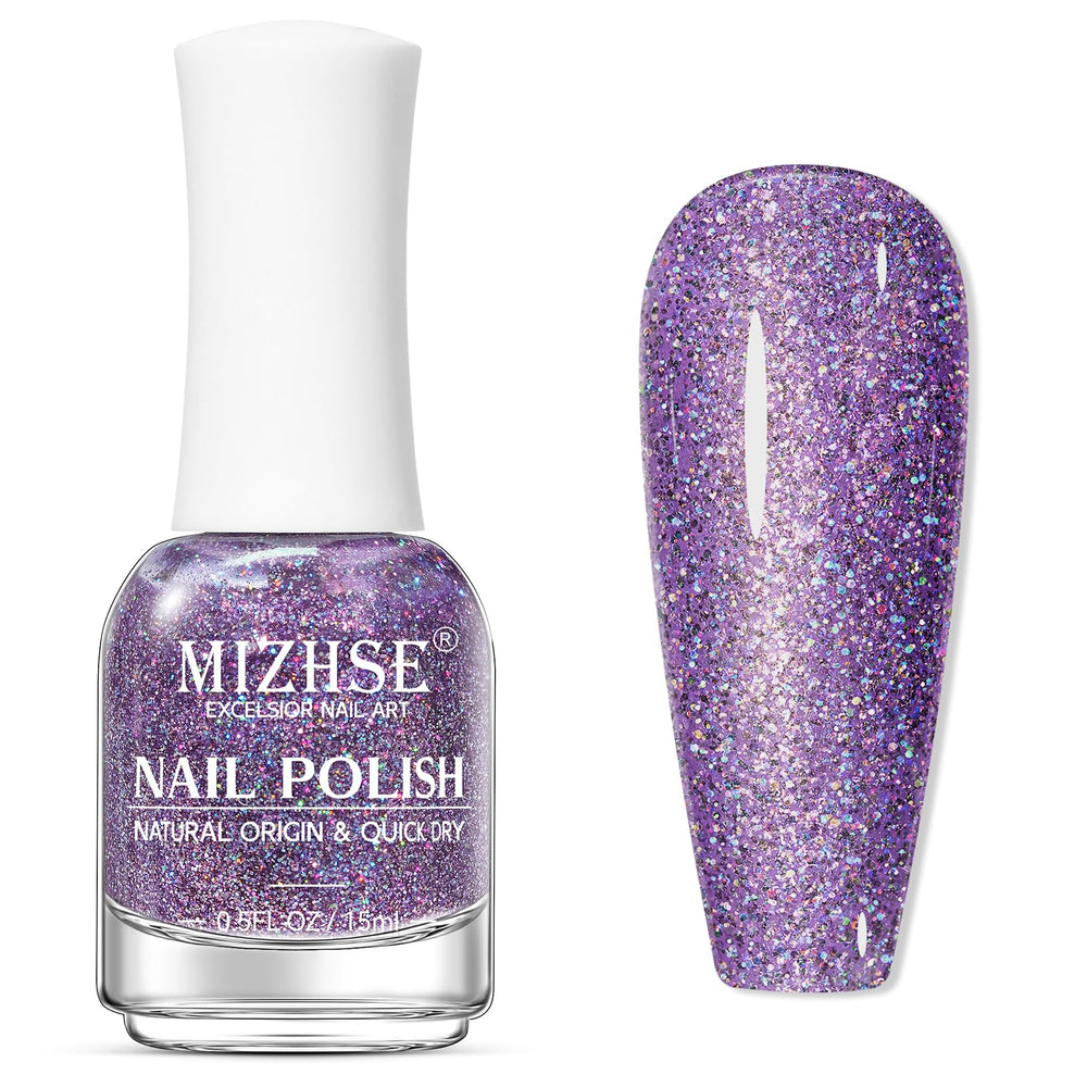 MIZHSE front bottle showing glitter purple polish and salon shine