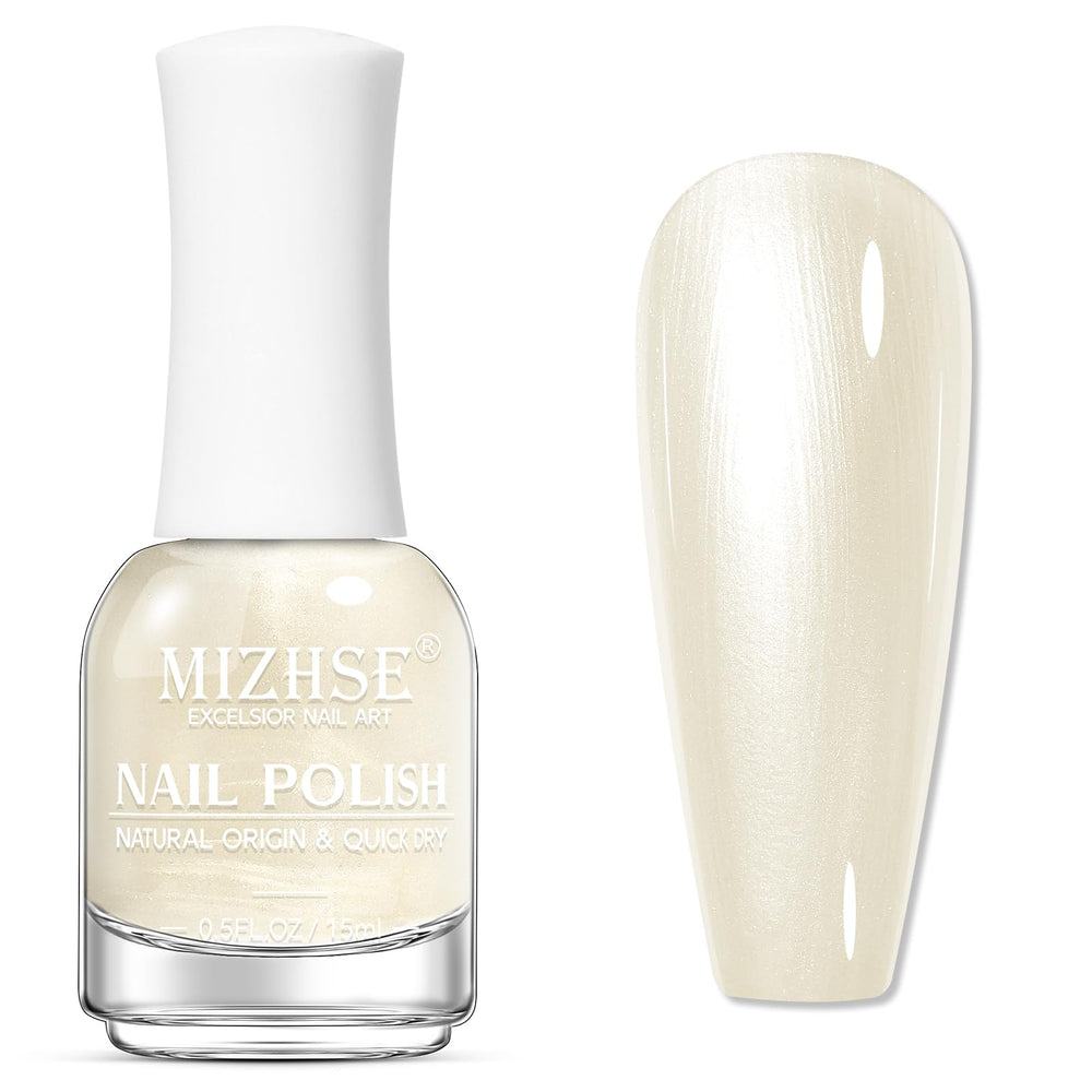 MIZHSE front bottle showing pearlescent milky white shade and neat packaging benefit