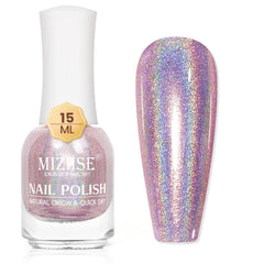 MIZHSE front bottle showing holographic purple polish and easy recognition benefit
