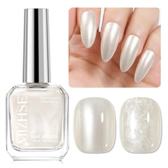 MIZHSE front label showing pearlescent white polish bottle and clear branding, professional look