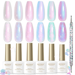 MIZHSE front packaging showing six iridescent gel bottles highlighting variety and instant inspiration