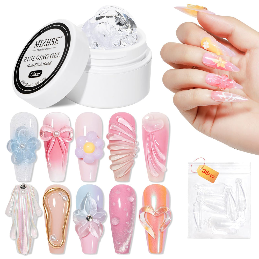 MIZHSE front packaging showing clear solid builder gel and forms for versatile use