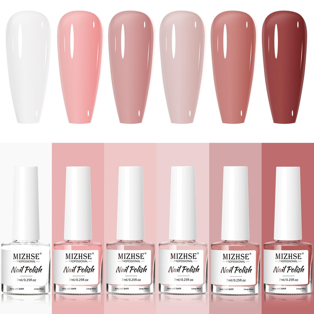 MIZHSE front packaging showing six nude shades and quick-dry benefit