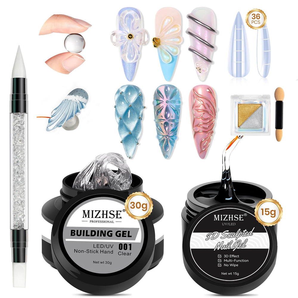 MIZHSE front packaging showing full builder gel kit and included accessories benefits clarity
