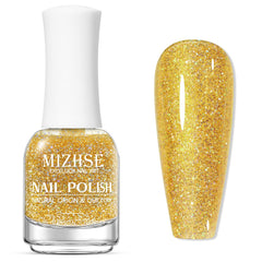 MIZHSE front bottle shot showing glitter gold polish and glossy finish