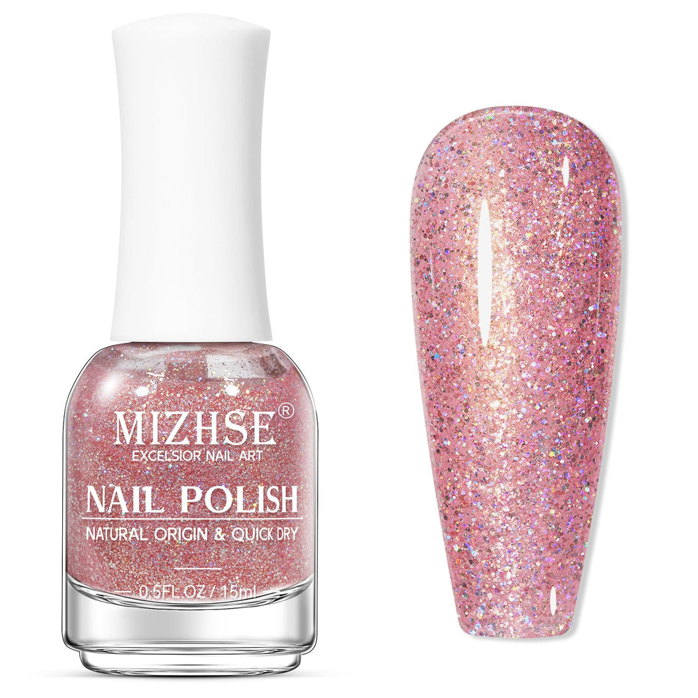 MIZHSE front bottle view showing glitter pink polish and glossy appeal