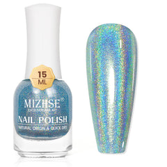 MIZHSE bottle front view showing blue holographic finish for glossy nails