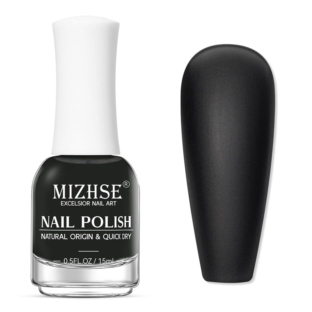 MIZHSE bottle front view showing matte black lacquer and easy-grip cap