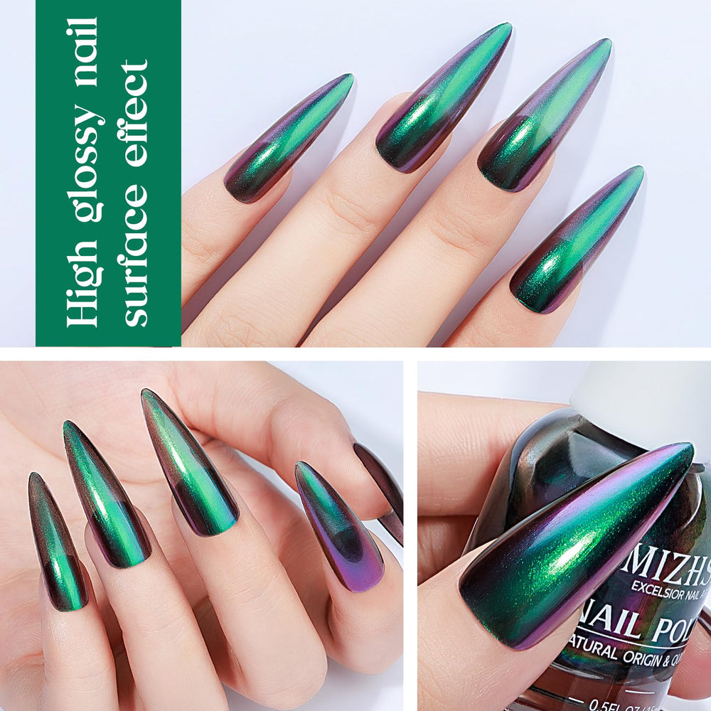 MIZHSE painted nails in natural light illustrating vivid chameleon shimmer