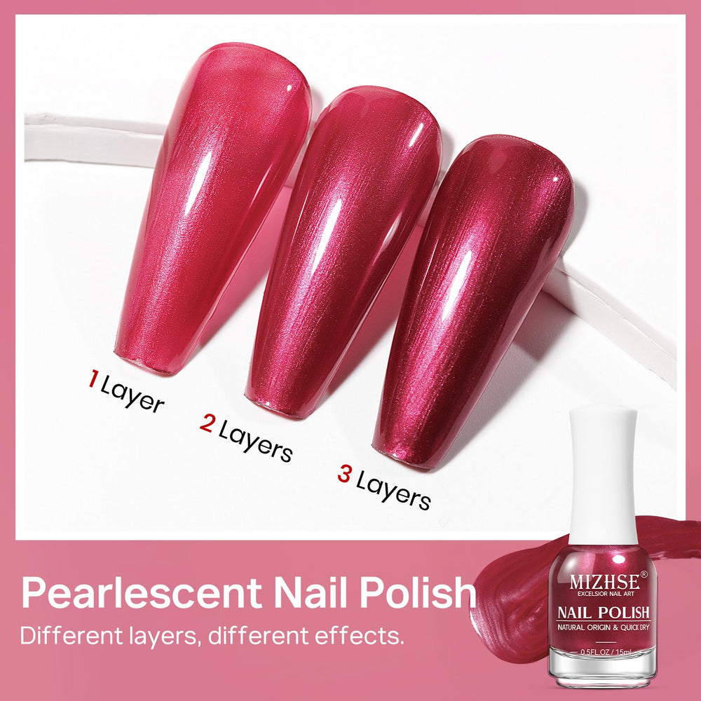 Close-up shimmer of MIZHSE pearlescent red polish reflecting light, revealing multi-dimensional finish