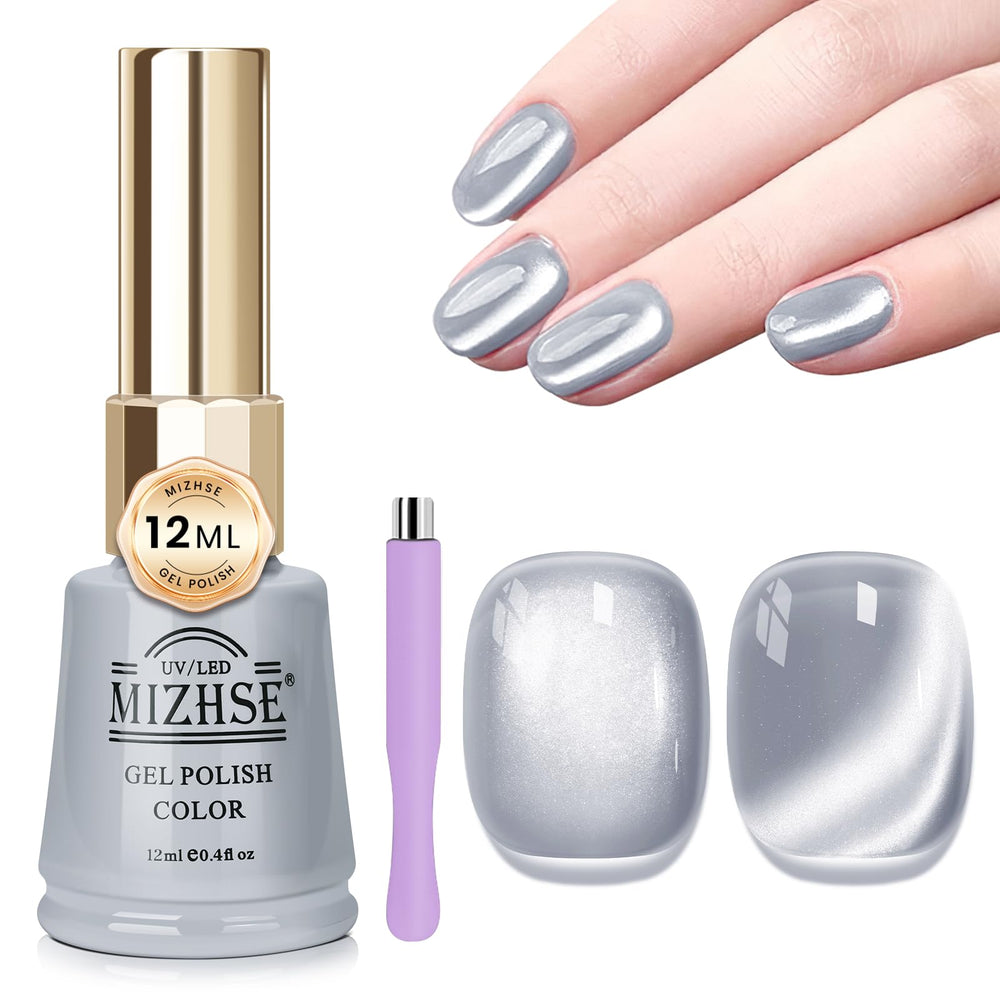 MIZHSE front bottle showing silver cat eye polish, clear product view and volume