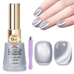MIZHSE front bottle showing silver cat eye polish, clear product view and volume