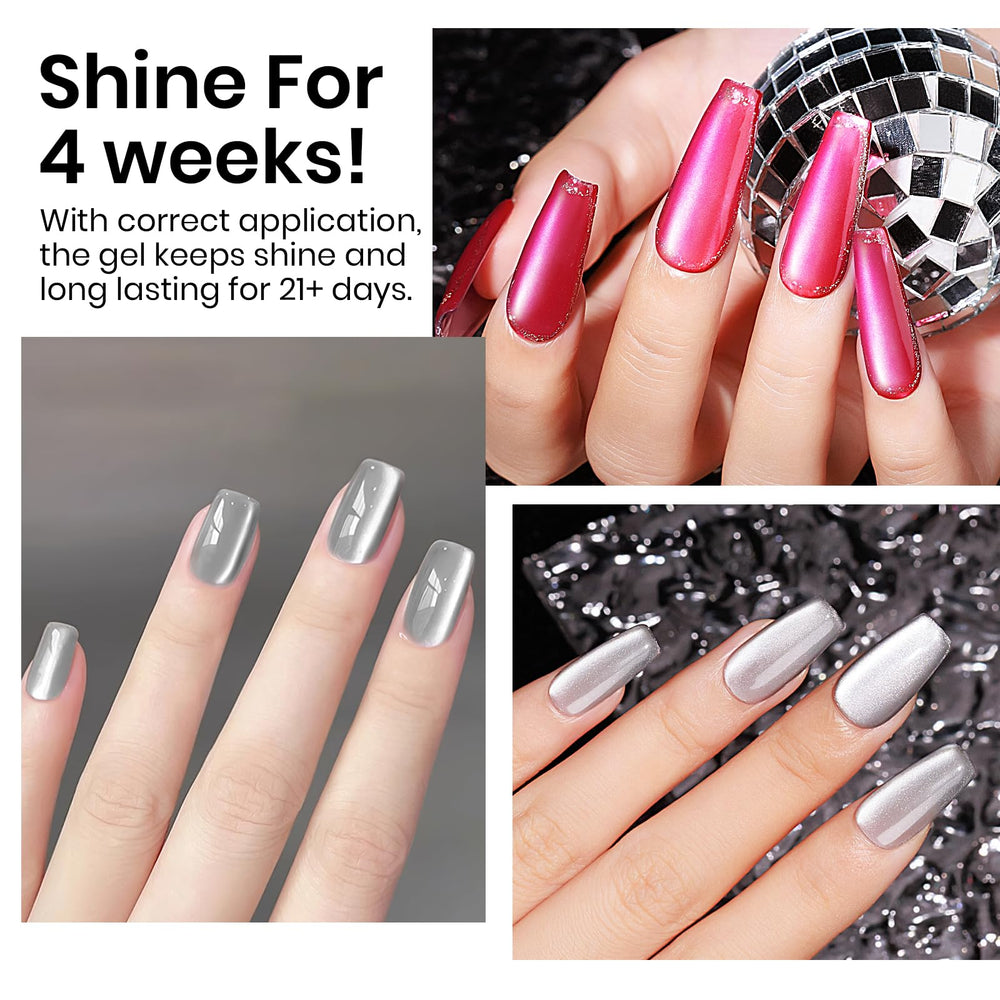 MIZHSE set of nail swatches showing silver cat eye over dark and light bases