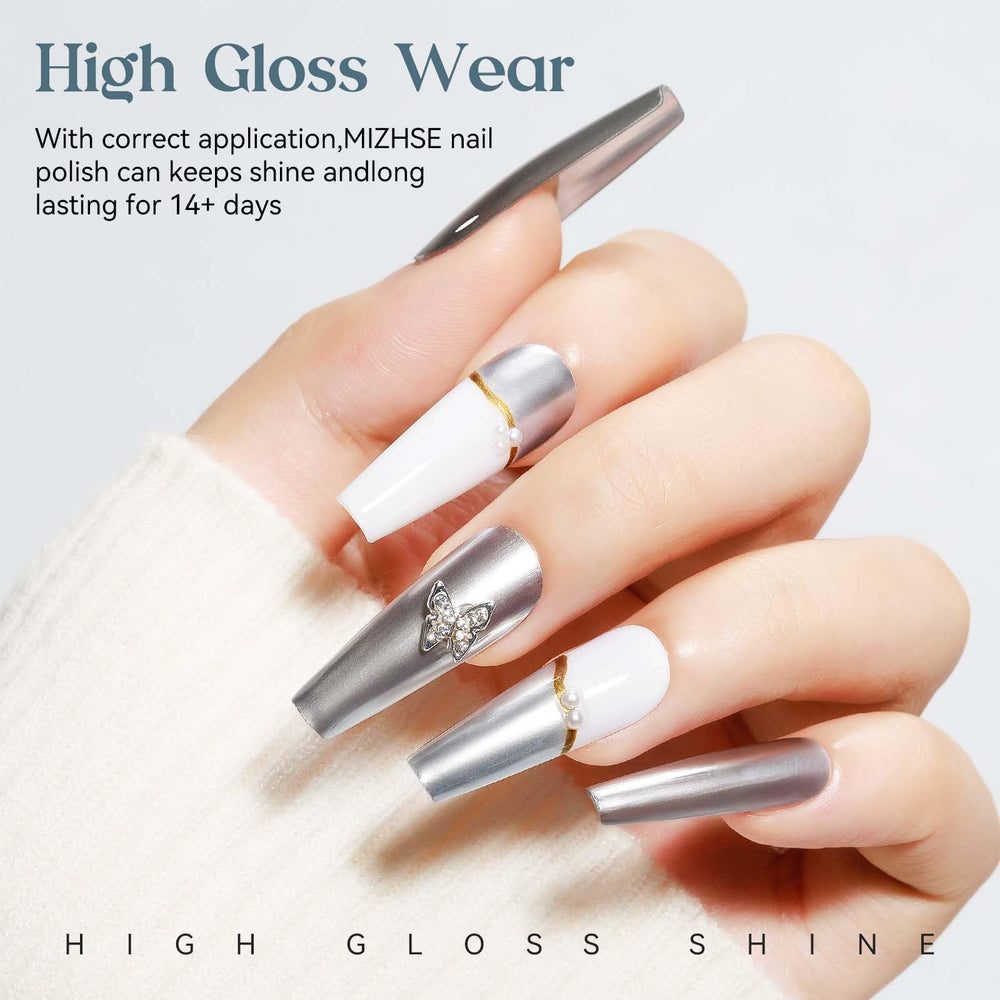 MIZHSE swatches on nail tips illustrating chrome intensity and color payoff