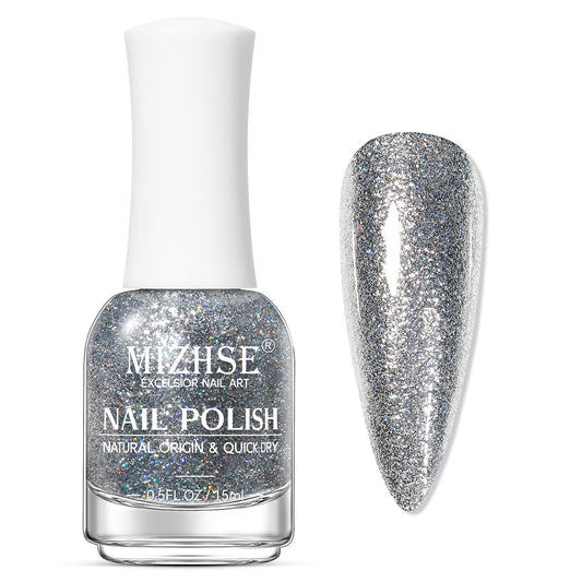 MIZHSE bottle front showing silver glitter and glossy finish benefit