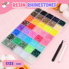 Mkoeveng color grid close-up highlighting 40 vivid resin rhinestone shades for precise designs