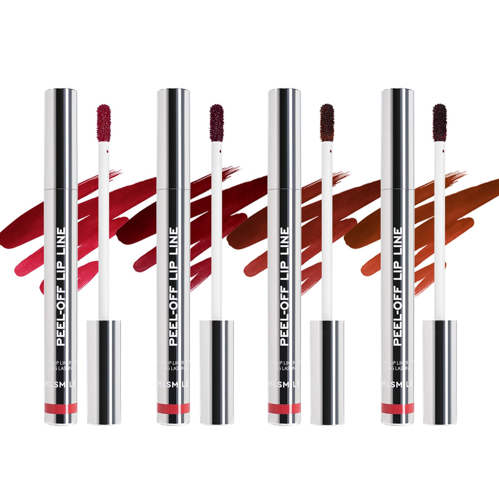 MLSMILE front packaging showing four peel-off lip stain tubes and branding benefits