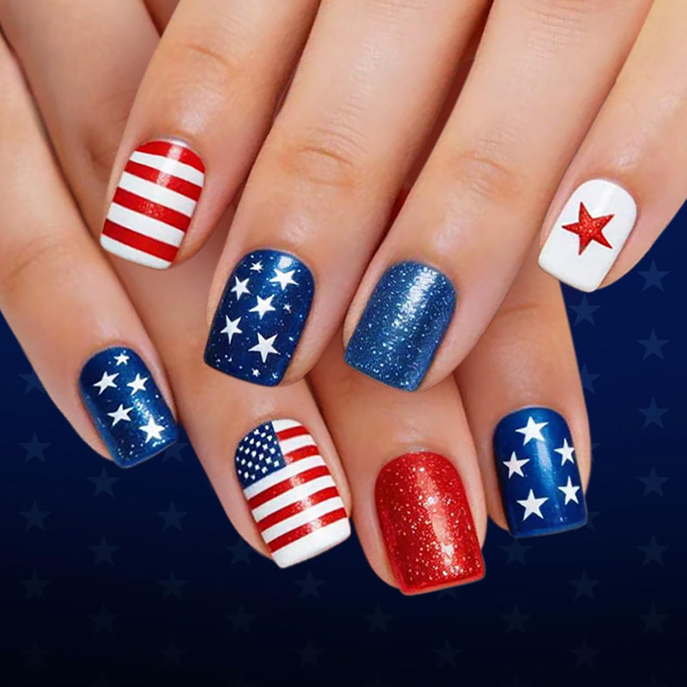 MMNHJHUT front packaging showing 24-piece patriotic nails and tools for quick manicure