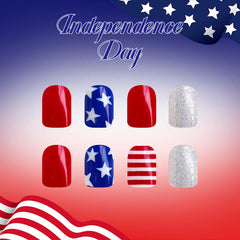 MMNHJHUT mixed red white blue nail designs laid flat to display pattern variety and sparkle