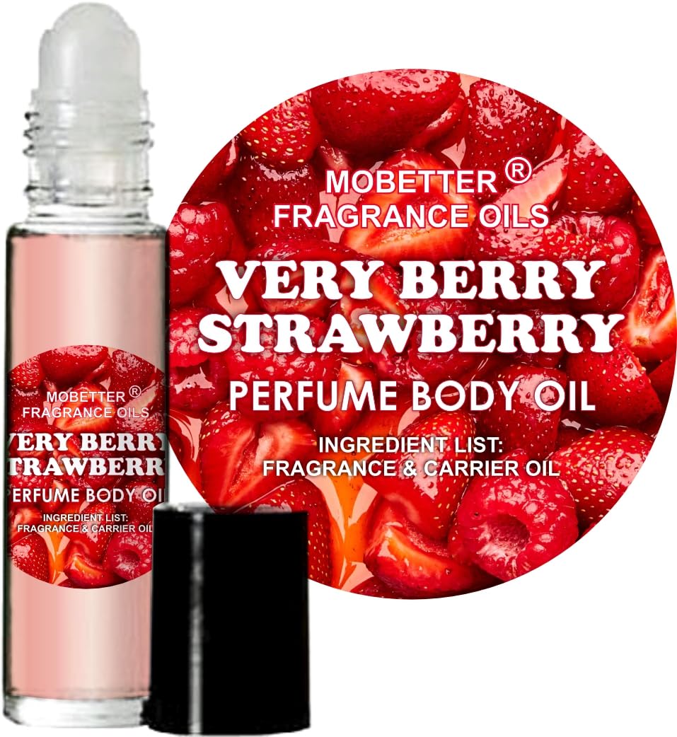 MOBETTER FRAGRANCE OILS front packaging showing compact roll-on and strawberry theme for easy carry