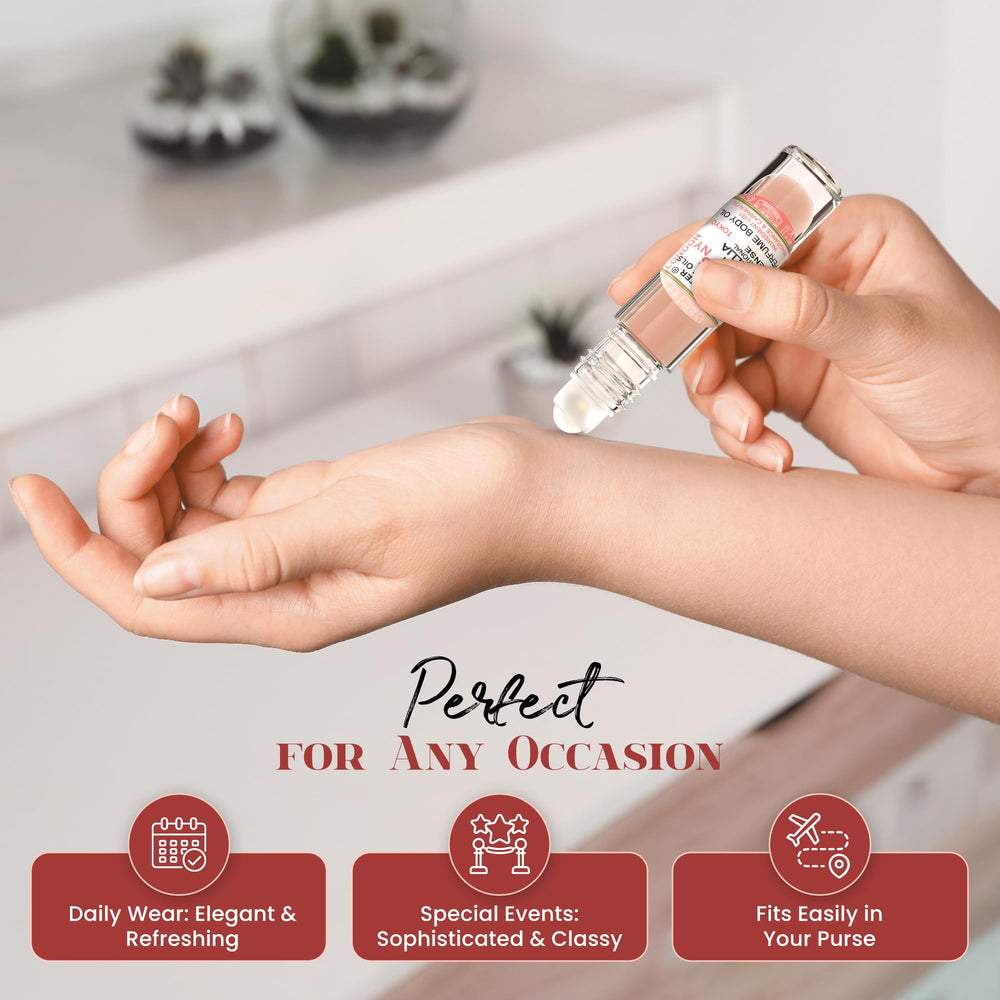 MOBETTER FRAGRANCE OILS in-hand beside a purse illustrating discreet scent touch-ups on the go