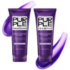 MOC LINK front packaging of purple shampoo and conditioner set showing bottles and benefit