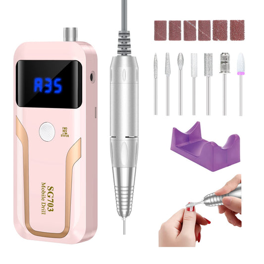 MOCOWIND front view of pink cordless nail drill showing compact design and portability
