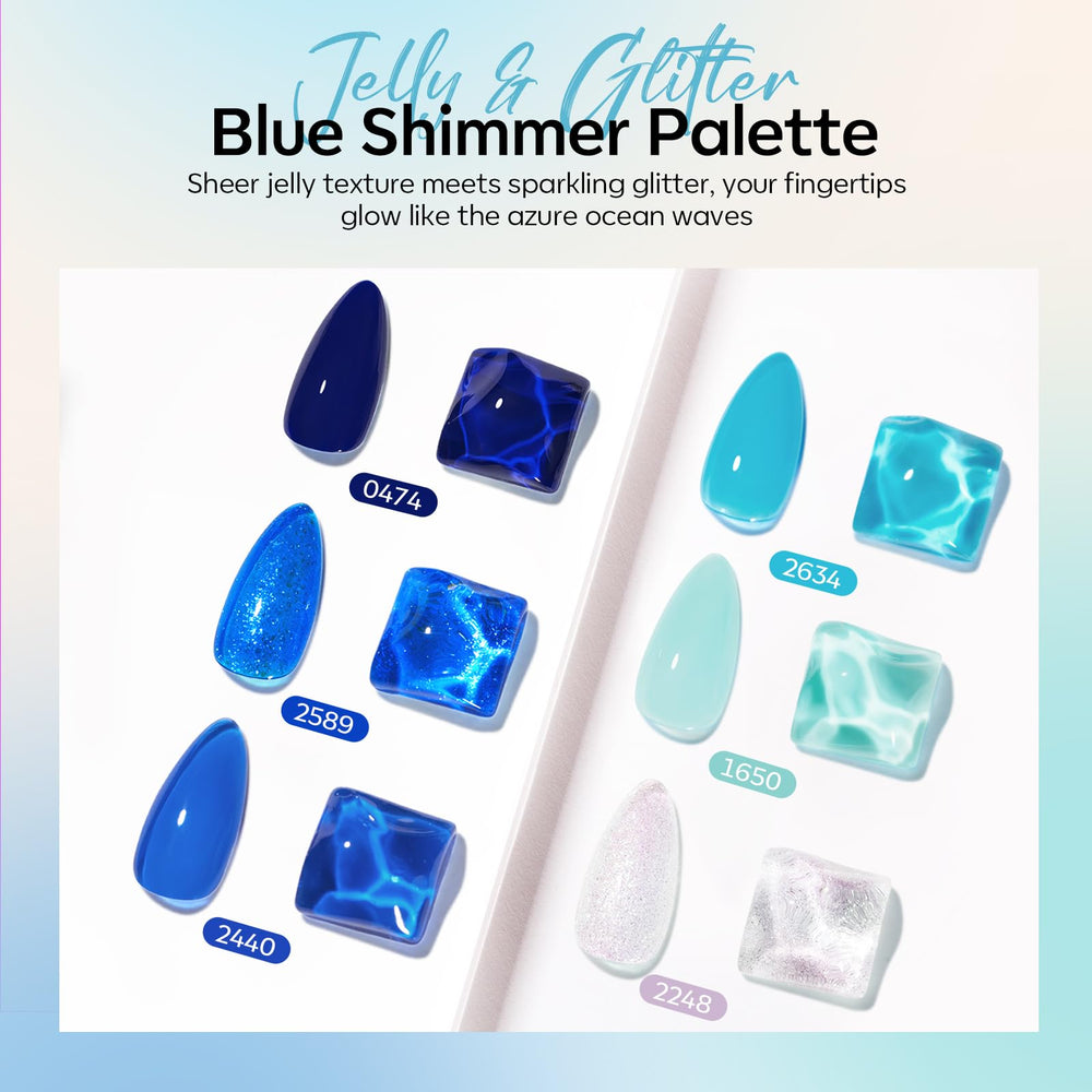 modelones six blue gel polish bottles lined up displaying color range and sparkle for creative looks