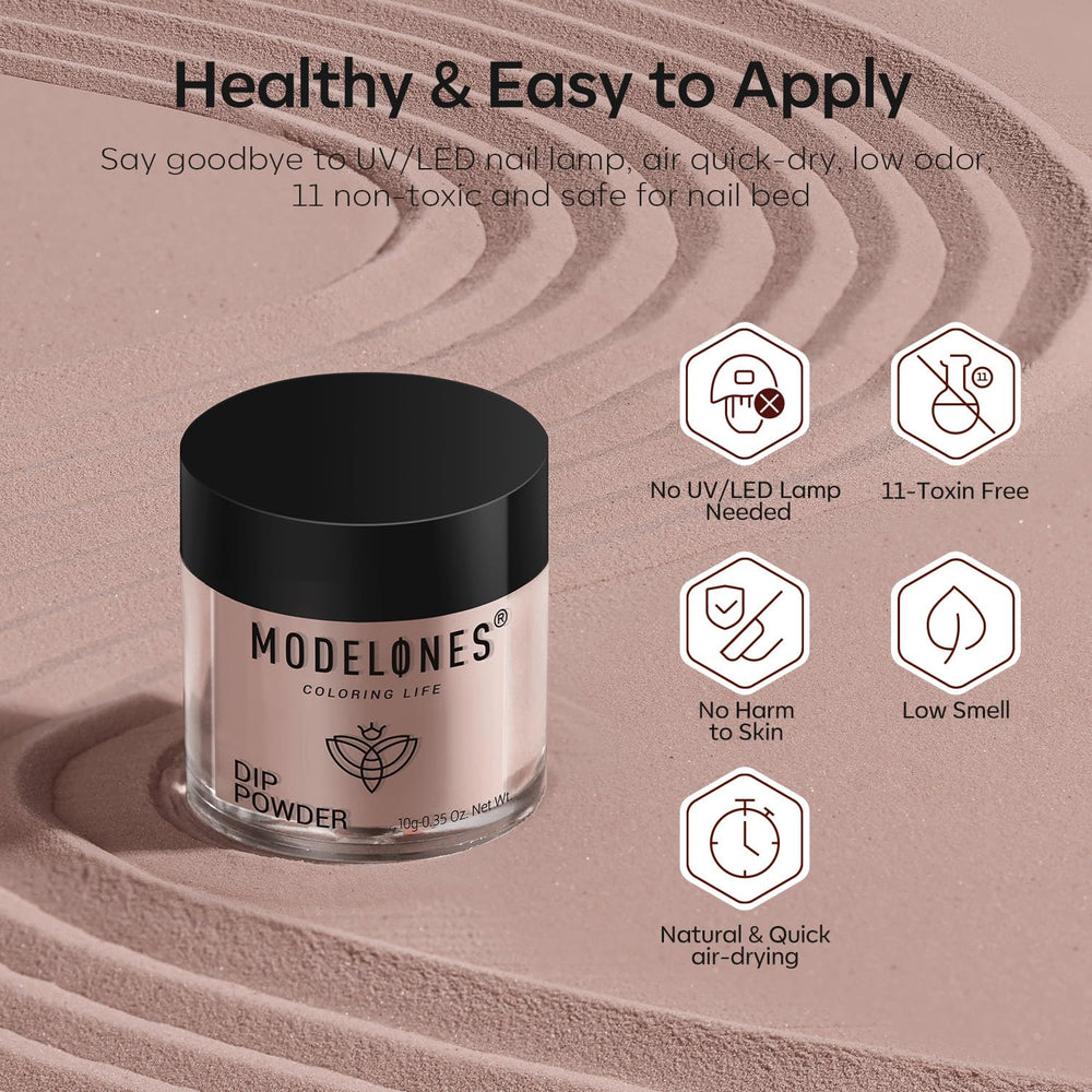 modelones hand applying dip powder demonstrating no-lamp method for quick at-home use