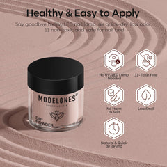 modelones hand applying dip powder demonstrating no-lamp method for quick at-home use