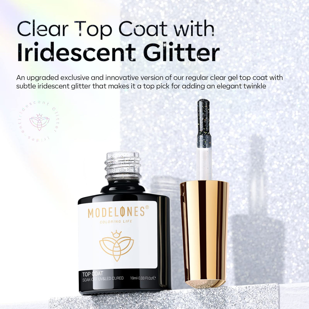 modelones applied over a light polish showing subtle rainbow shimmer benefit delicate pearlescent look