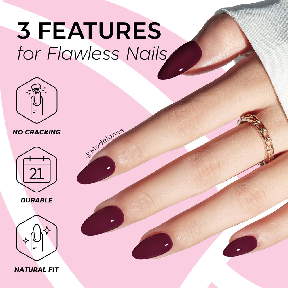 Modelones nails applied on natural hands demonstrating instant polished look and time-saving benefit