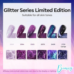 modelones bottle label close-up highlighting shade names and glitter particles for clarity