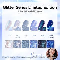 modelones six 7ml bottles lined up displaying varied icy blue finishes and versatility