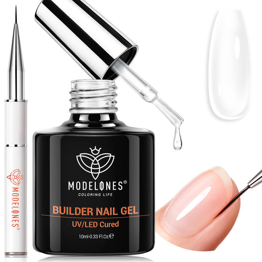 modelones front bottle view showing clear builder gel and labeling for easy identification