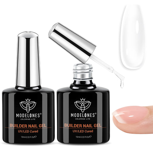 modelones front packaging showing two clear 10ml builder gel bottles and benefits