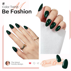 modelones dark green nails applied on hand demonstrating quick at-home manicure benefit