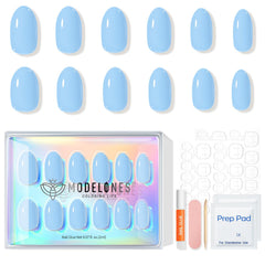 modelones completed oval press-on nails on hands showing natural, salon-like result