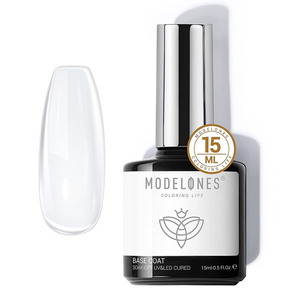 modelones clear base coat bottle front view showing size and glossy finish benefit