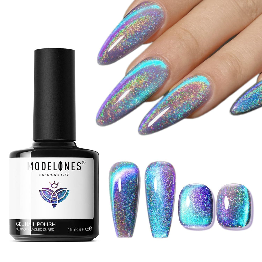modelones front bottle 15ml showing holographic blue purple shimmer benefit durable polish