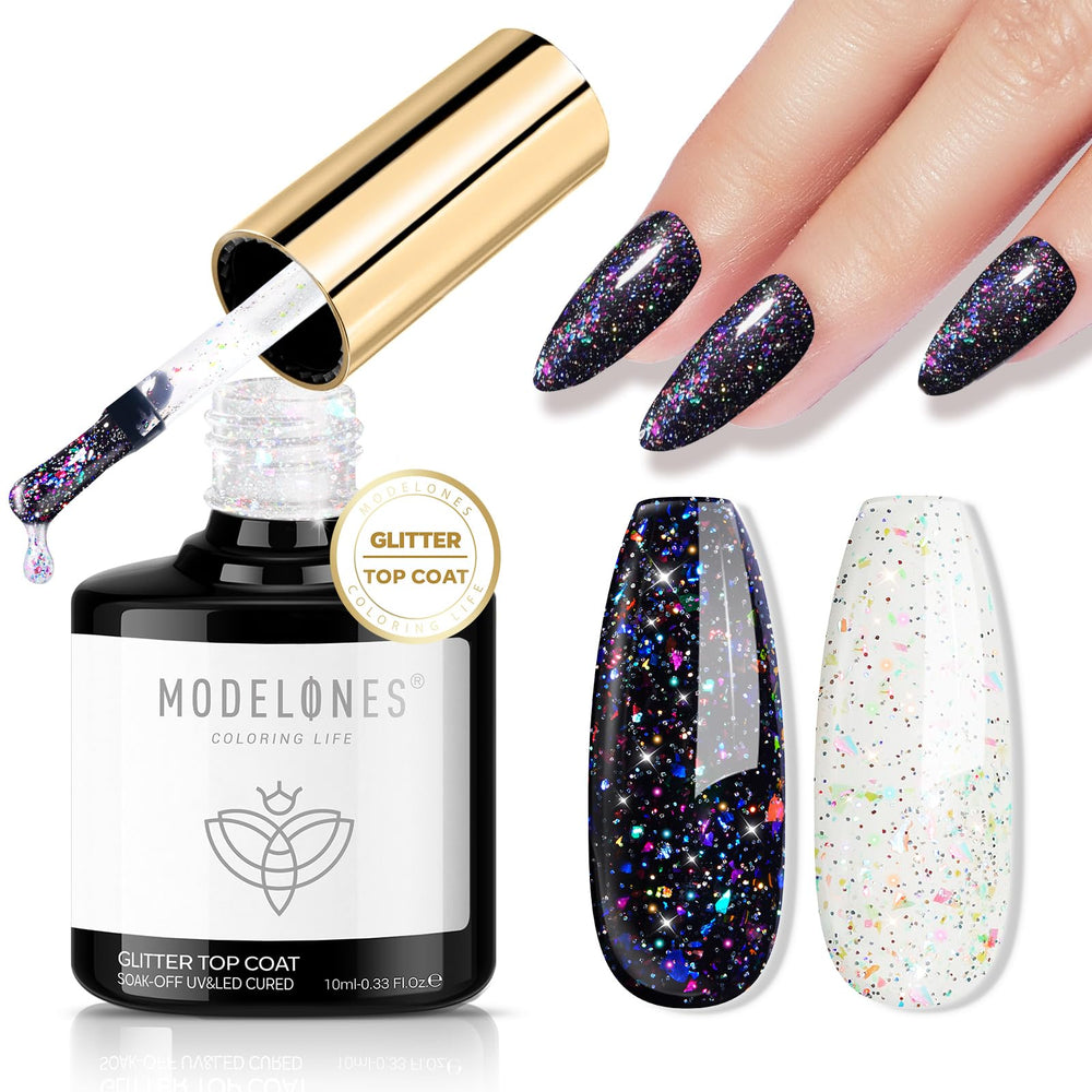 modelones front bottle showing glitter top coat, clear labeling and glossy benefit