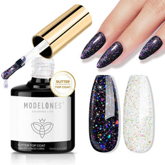 modelones front bottle showing glitter top coat, clear labeling and glossy benefit