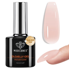 modelones bottle front view showing nude builder gel and glossy finish benefit