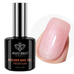 modelones bottle front view showing pink shimmer gel and benefits