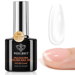 modelones bottle front view showing label and glossy clear builder gel benefit